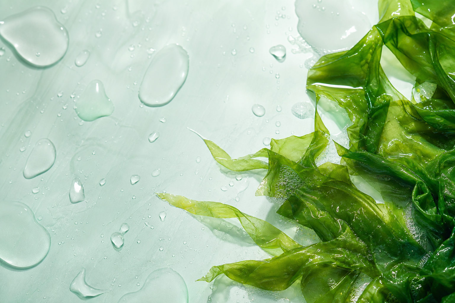 Fresh green seaweed fronds in clear gel with water droplets