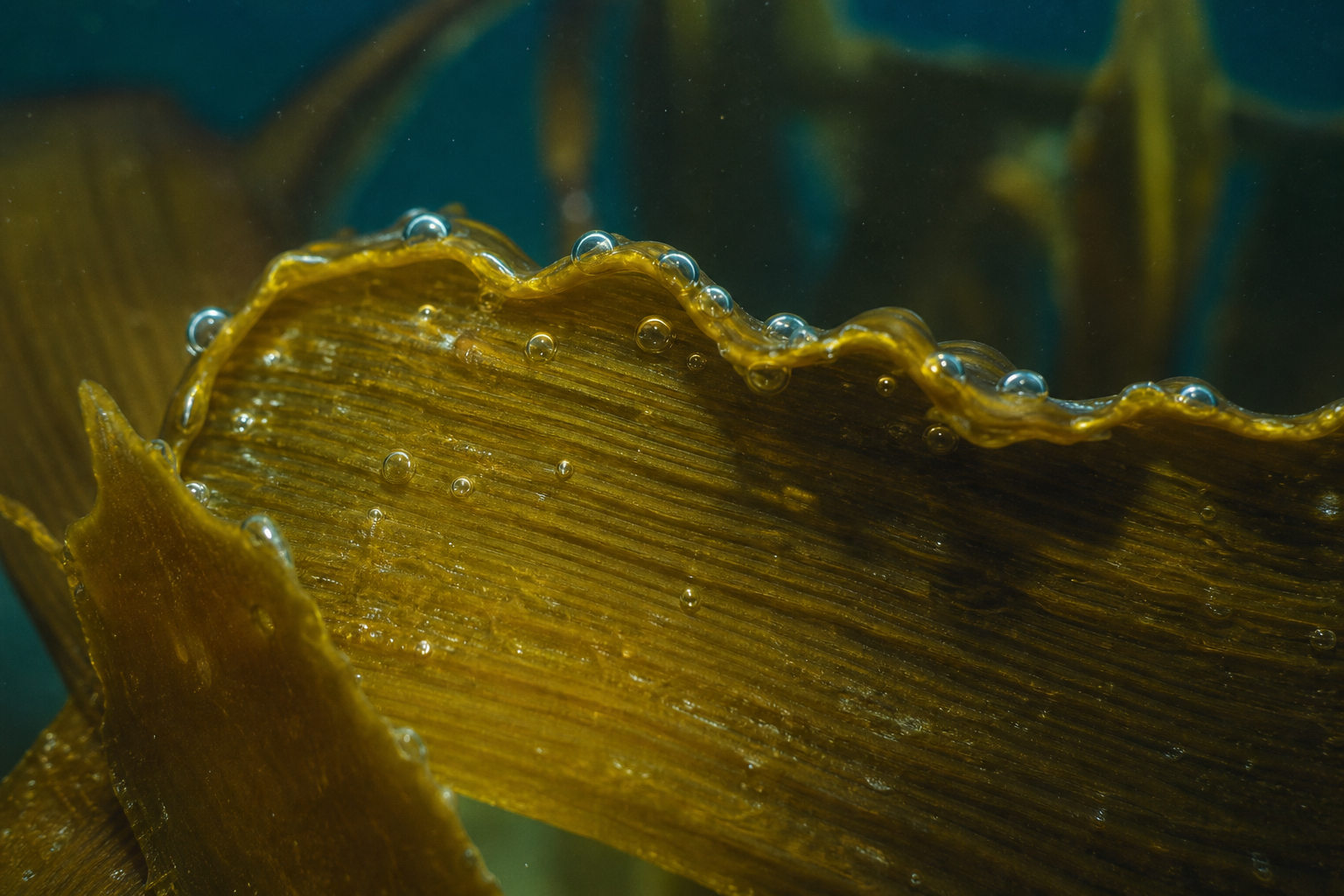 Brown kelp frond underwater, light filtering through