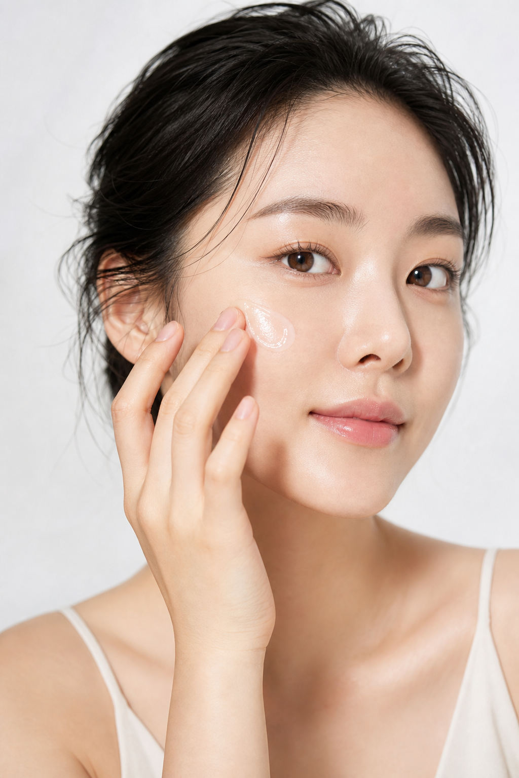 A woman with clear skin applying moisturiser to her cheek