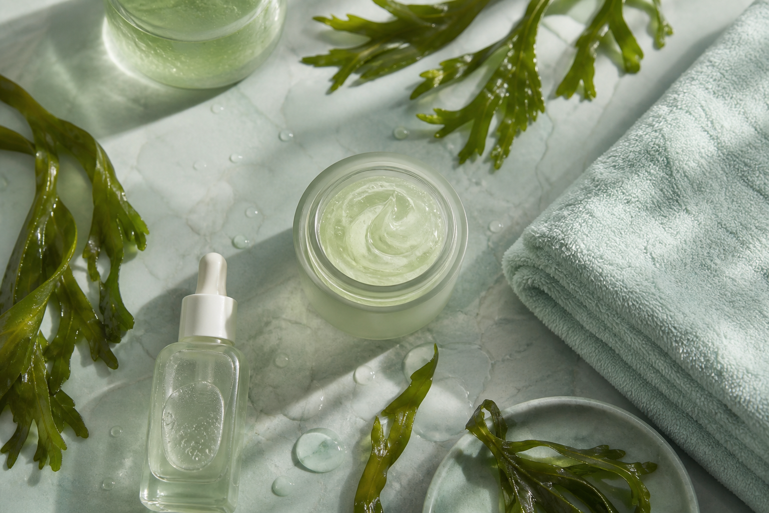 Flat-lay of serum, cream and seaweed on a soft towel
