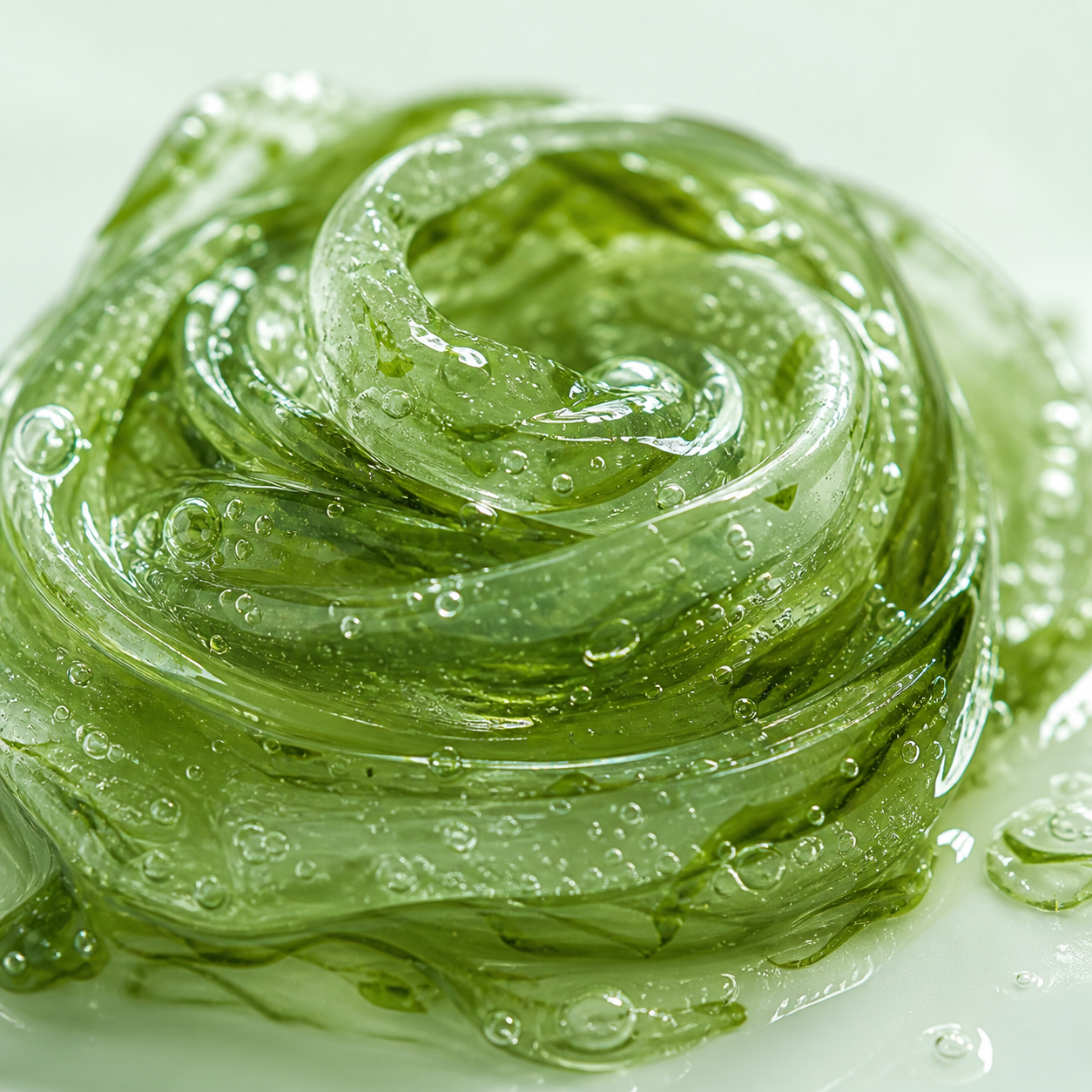 Glossy green algae gel texture with trapped bubbles