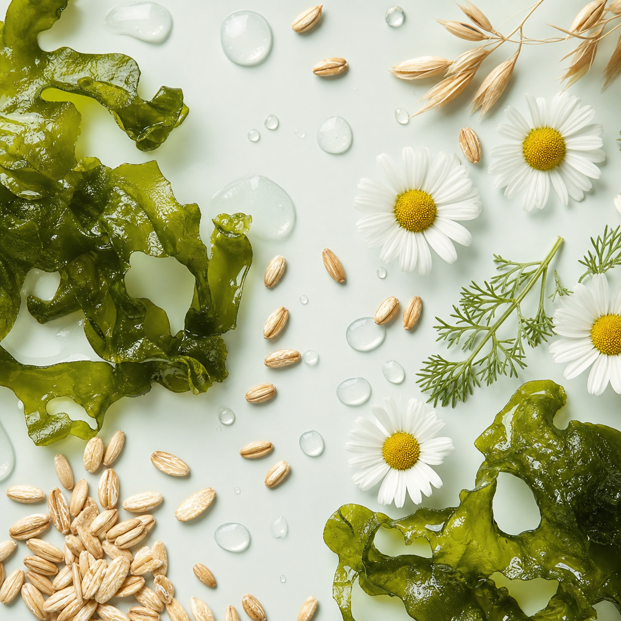 Flat-lay of seaweed, oats, chamomile and dill with water droplets