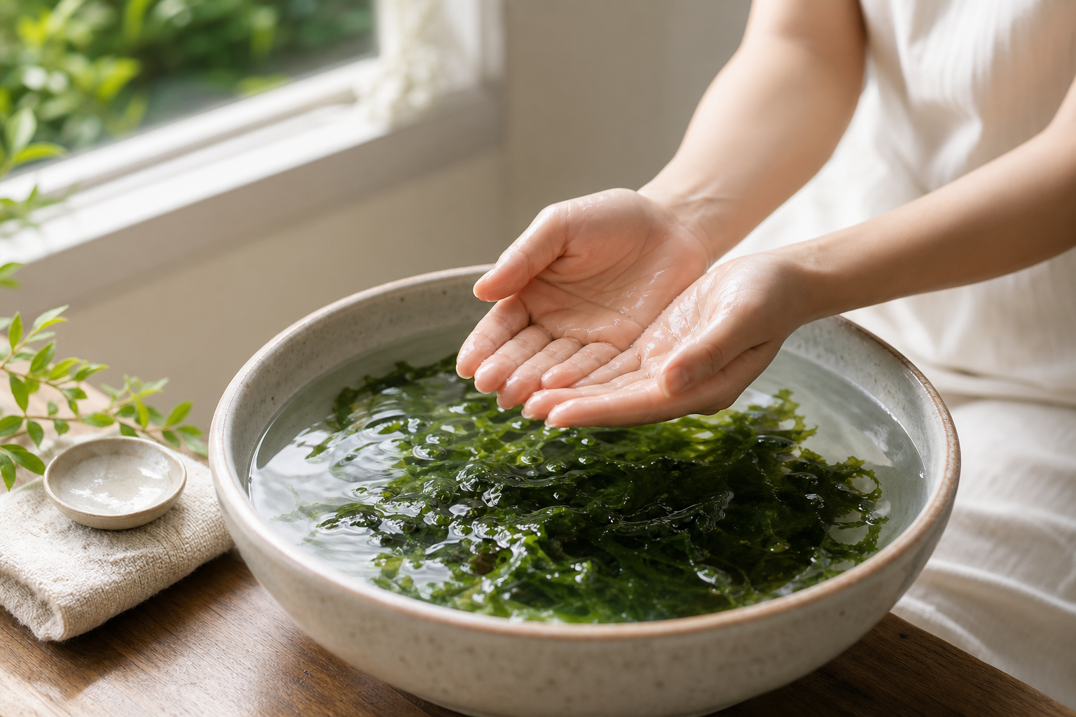 Hands cupping fresh seaweed steeping in a bowl of water by a window