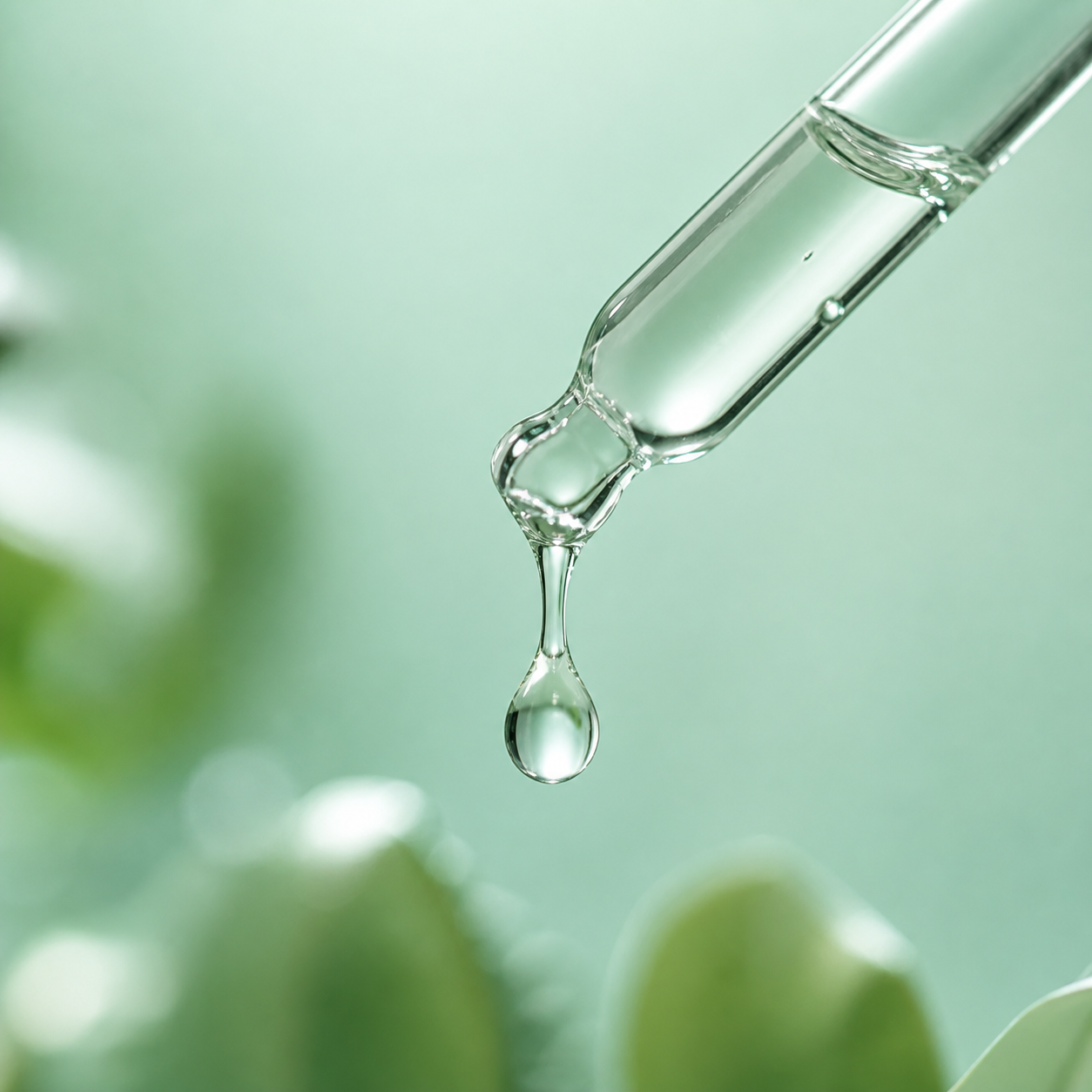 Glass dropper releasing a clear serum drop against soft green